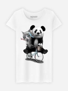 WOOOP Koszulka "Bicycle Panda" w kolorze białym rozmiar: M. Białe bluzki Wooop, m, bez wzorów, z bawełny, bez kołnierzyka, bez ramiączek. Za 56,99 zł.
