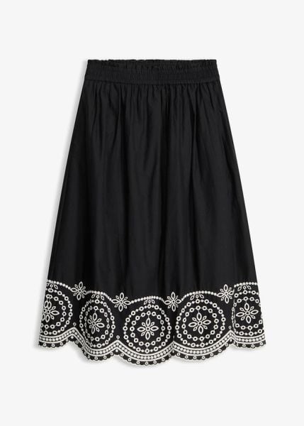 Spódnica midi z ażurowym haftem, z czystej bawełny. Czarne spódnice bonprix, w ażurowe wzory, z bawełny, midi. Za 209,99 zł.