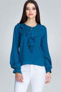 Morska Wizytowa Bluzka z Falbankami przy Dekolcie. Zielone bluzki Figl, xl, bez wzorów, z elastanu, wizytowe, bez kołnierzyka, bez ramiączek. Za 179,00 zł.