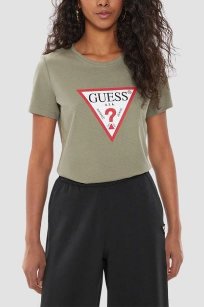 GUESS Zielony t-shirt damski Original Tee, Rozmiar XXL. Zielone t-shirty Guess, s, z aplikacjami, bez kołnierzyka, bez ramiączek. W wyprzedaży za 80,99 zł.