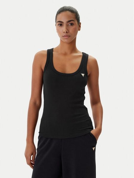 Guess Top V4YP06 cK8RT2 Czarny Regular Fit. Czarne topy Guess, xs, z aplikacjami, z wiskozy, bez kołnierzyka, bez ramiączek. Za 159,99 zł.