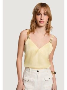 Morgan Top 242-OLAFI Żółty Regular Fit. Żółte topy Morgan, bez wzorów, z syntetyku, bez kołnierzyka, bez ramiączek. Za 179,99 zł.