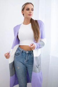 Sweter Kardigan w pasy fioletowy+ecru. Fioletowe długie swetry KESI, l, z wełny, bez kołnierzyka, plus size. Za 178,78 zł.