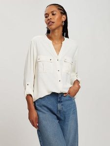 Cross Jeans Bluzka w kolorze białym rozmiar: M. Białe bluzki Cross Jeans, m, bez wzorów, z jeansu, bez kołnierzyka, bez ramiączek. Za 100,99 zł.
