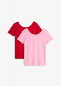T-shirt z głębokim dekoltem na plecach (2 szt.). Czerwone t-shirty bonprix, bez wzorów, bez kołnierzyka, bez ramiączek. Za 32,99 zł.