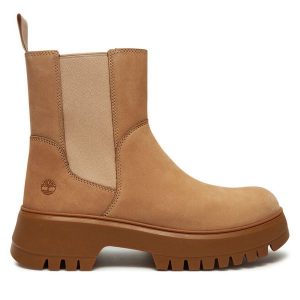 Sztyblety Timberland. Brązowe botki Timberland, bez wzorów, bez obcasa, na płaskiej podeszwie, bez zapięcia. Za 579,99 zł.