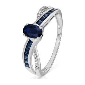 Piękny Białe Złoto Pierścionek - złoto białe 585, Diament 0,016ct,szafir. Pierścionki marki W.KRUK. Za 1 990,00 zł.