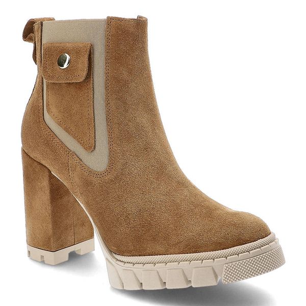 Botki damskie Damiss, cholewka ze skóry naturalnej zamszowej na solidnym obcasie i zapięciem na suwak, koniak‑welur, DS‑641‑2‑A. Brązowe botki Damiss, bez wzorów, ze skóry, bez obcasa, na obcasie, bez zapięcia. Za 349,00 zł.