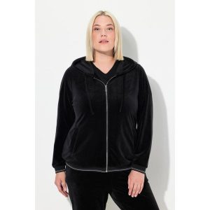 Damskie Aksamitna bluza dresowa kwiat kaptur mankiety z błyszczącymi paskami. Czarne bluzy Ulla Popken, plus size, bez wzorów, z dresówki, bez kaptura. W wyprzedaży za 223,99 zł.