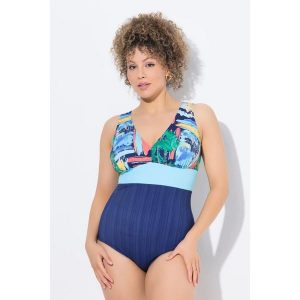 Damski Strój kąpielowy okrągły dekolt miękkie miseczki z recyklingu. Niebieskie stroje jednoczęściowe Ulla Popken, bez wzorów, z elastanu. Za 239,99 zł.