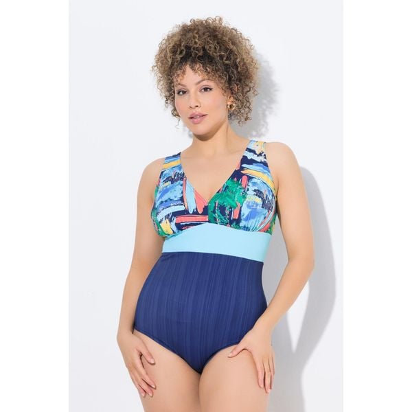 Damski Strój kąpielowy okrągły dekolt miękkie miseczki z recyklingu. Niebieskie stroje jednoczęściowe Ulla Popken, bez wzorów, z elastanu. Za 239,99 zł.
