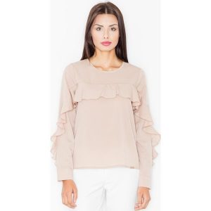 Urocza Beżowa Bluzka z Falbankami z Długim Rękawem. Brązowe bluzki Figl, xl, bez wzorów, z elastanu, bez kołnierzyka, bez ramiączek. Za 179,00 zł.