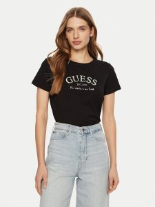Guess T-Shirt V5RI16 J1314 Czarny Shirt Fit. Czarne t-shirty Guess, xs, z aplikacjami, z bawełny, bez kołnierzyka, bez ramiączek. Za 99,99 zł.