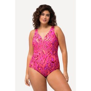 Damskie Kostium kąpielowy wzór w kłęby miękkie miseczki fiszbiny. Czerwone stroje jednoczęściowe Ulla Popken, bez wzorów, z materiału. Za 239,99 zł.