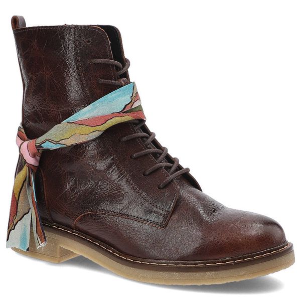 Botki damskie Artiker, skóra naturalna licowa ze sznurowaniem i zapinaniem na suwak z ozdobną apaszką, brązowe, 49C0737. Brązowe apaszki i chusty ARTIKER, z aplikacjami, ze skóry, boho. Za 279,00 zł.