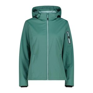 Kurtka damska turystyczna CMP 39A5016. Zielone kurtki CMP, l, bez wzorów, z softshellu, z kapturem. Za 372,10 zł.