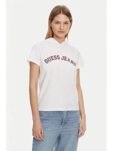 Guess Jeans T-Shirt W5GP28 J1314 Biały Regular Fit. Białe t-shirty Guess Jeans, l, z aplikacjami, z bawełny, bez kołnierzyka, bez ramiączek. Za 99,99 zł.