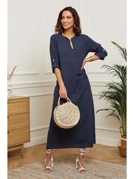 Le Monde du Lin Lniana sukienka w kolorze granatowym rozmiar: 40/42. Niebieskie sukienki Le Monde du Lin, bez wzorów, ze lnu, klasyczne, bez kołnierzyka, bez ramiączek, maxi. Za 162,11 zł.