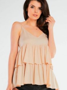 Bluzka Model A432 Beige - awama. Brązowe bluzki Awama, l, bez wzorów, z elastanu, eleganckie, bez kołnierzyka, bez ramiączek. Za 207,17 zł.