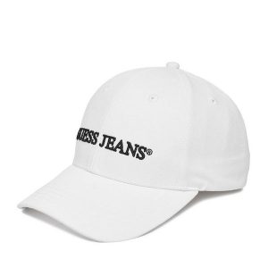 Czapka z daszkiem Guess Jeans. Białe czapki Guess Jeans, z aplikacjami, z jeansu. Za 99,99 zł.