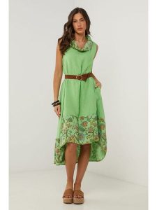 Le Monde du Lin Lniana sukienka w kolorze zielonym rozmiar: 38/40. Zielone sukienki Le Monde du Lin, bez wzorów, ze lnu, klasyczne, bez kołnierzyka, bez ramiączek, midi. Za 183,59 zł.