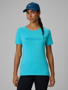 4F T-shirt slim z nadrukiem damski - turkusowy XS. Niebieskie t-shirty 4f, l, bez wzorów, z materiału, bez kołnierzyka, bez ramiączek. Za 49,99 zł.