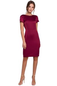 Bordowa Elegancka Sukienka z Dekoltem Typu Woda. Czerwone sukienki MAKEOVER, l, bez wzorów, z elastanu, eleganckie, bez kołnierzyka, bez ramiączek. Za 219,90 zł.
