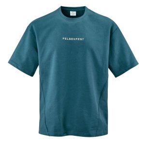 Koszulka boulderingowa Oversized Volumes. Niebieskie bluzki FELSENFEST, bez wzorów, z bawełny, sportowe, bez kołnierzyka, bez ramiączek. Za 159,99 zł.