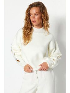 Trendyol Sweter w kolorze kremowym rozmiar: L. Brązowe swetry oversize Trendyol, l, bez wzorów, ze splotem, bez ramiączek. Za 97,95 zł.
