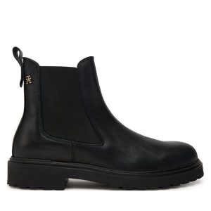 Sztyblety Tommy Hilfiger. Czarne botki TOMMY HILFIGER, bez wzorów, bez obcasa, na płaskiej podeszwie, bez zapięcia. Za 499,99 zł.