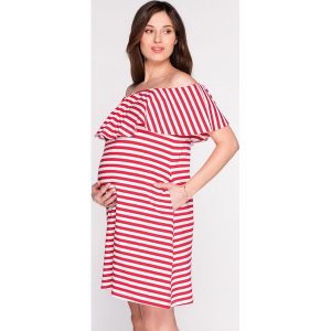 Sukienka w kolorze biało-czerwonym do karmienia. Białe sukienki marki Cool Mama, w paski, z kołnierzem typu carmen. W wyprzedaży za 109,95 zł.