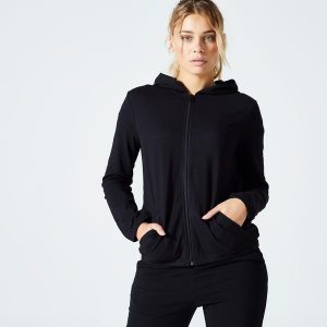 Bluza na zamek damska Domyos Gym & Pilates 100. Czarne bluzy DOMYOS, xl, bez wzorów, z bawełny, bez kaptura. Za 69,99 zł.