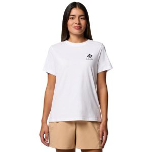 T-shirt sportowy z krótkim rękawem damski Rolling Bend Graphic SS Tee. Białe koszulki sportowe Columbia, bez wzorów, z bawełny, bez ramiączek. Za 99,99 zł.
