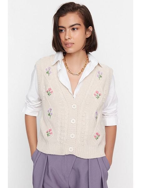 Trendyol Kamizelka dzianinowa w kolorze kremowym rozmiar: S. Brązowe kamizelki Trendyol, s, bez wzorów, z dzianiny, bez kołnierzyka, bez ramiączek, bez kaptura. Za 43,99 zł.