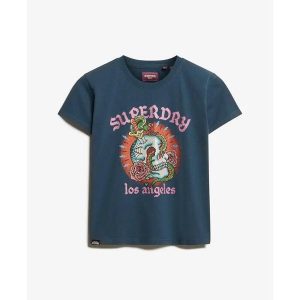 T-shirt dopasowany z dżetami w efekcie tatuażu dla kobiet Superdry. Niebieskie t-shirty Superdry, bez wzorów, bez kołnierzyka, bez ramiączek. Za 240,30 zł.