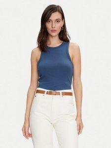 Tommy Hilfiger Top WW0WW38635 Niebieski Slim Fit. Niebieskie topy TOMMY HILFIGER, xxs, bez wzorów, z wiskozy, bez kołnierzyka, bez ramiączek. Za 129,99 zł.