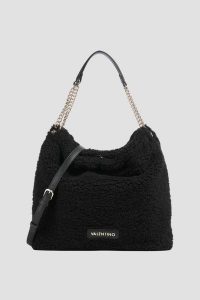 VALENTINO Duża czarna damska torebka worek Qube Hobo Bag. Czarne torebki klasyczne Valentino by Mario Valentino, bez wzorów, z futra, duże, bez dodatków. W wyprzedaży za 457,99 zł.