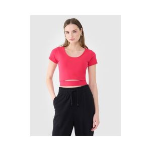 T-shirt crop top gładki damski 4F 4FRSS25TTSHF2695. Czerwone t-shirty 4f, bez wzorów, z bawełny, bez kołnierzyka, bez ramiączek. Za 34,99 zł.