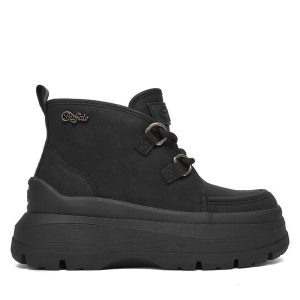 Botki Buffalo. Czarne botki Buffalo, bez wzorów, bez obcasa, na płaskiej podeszwie, bez zapięcia. Za 399,99 zł.