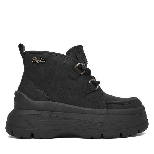 Botki Buffalo. Czarne botki Buffalo, bez wzorów, bez obcasa, na płaskiej podeszwie, bez zapięcia. Za 319,99 zł.