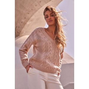 Sweter z Dekoltem w Serek - Pudrowy. Brązowe swetry klasyczne MOE, l, z materiału, bez kołnierzyka. Za 209,90 zł.
