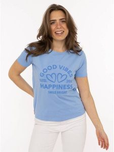 Zwillingsherz Koszulka "Happiness Vibes" w kolorze błękitnym rozmiar: L. Niebieskie bluzki Zwillingsherz, l, bez wzorów, z bawełny, bez kołnierzyka, bez ramiączek. Za 82,99 zł.
