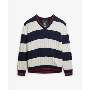 Sweter oversize w prążki z dekoltem V dla kobiet Superdry. Niebieskie swetry klasyczne Superdry, na zimę, bez wzorów, bez ramiączek. Za 327,70 zł.
