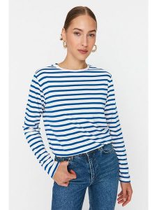 Trendyol Koszulka w kolorze niebiesko-białym rozmiar: L. Białe bluzki Trendyol, l, bez wzorów, z bawełny, bez kołnierzyka, bez ramiączek. Za 46,45 zł.