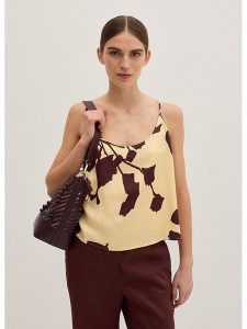 STEFANEL Top w kolorze brązowo-jasnożółtym rozmiar: M. Żółte topy Stefanel, m, bez wzorów, z wiskozy, bez kołnierzyka, bez ramiączek. Za 152,99 zł.