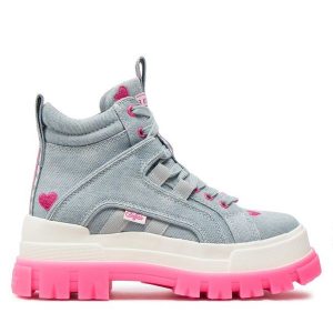 Trapery Buffalo. Niebieskie buty zimowe Buffalo, bez obcasa, bez zapięcia. Za 599,99 zł.