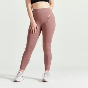 Legginsy fitness damskie Domyos. Brązowe legginsy DOMYOS, bez wzorów, z materiału, z podwyższonym stanem, długie. Za 69,99 zł.