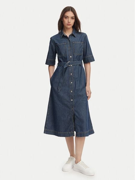 Tommy Hilfiger Sukienka jeansowa WW0WW50622 Niebieski Regular Fit. Niebieskie sukienki TOMMY HILFIGER, bez wzorów, z bawełny, bez kołnierzyka, bez ramiączek. Za 518,99 zł.