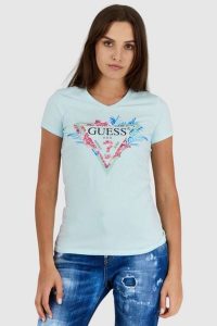 GUESS Błękitny t-shirt damski z logo z liśćmi i cyrkoniami, Rozmiar L. Niebieskie t-shirty Guess, l, z aplikacjami, bez kołnierzyka, bez ramiączek. W wyprzedaży za 119,99 zł.