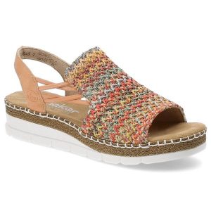 Beżowe Sandały Rieker Stylowe Obuwie Damskie. Brązowe sandały Rieker, bez wzorów, bez obcasa, na koturnie, bez zapięcia. Za 287,90 zł.